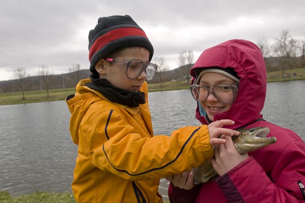 Alex and Laura Zaccardi during kid's fishing at the Pequest Hatchery Pond